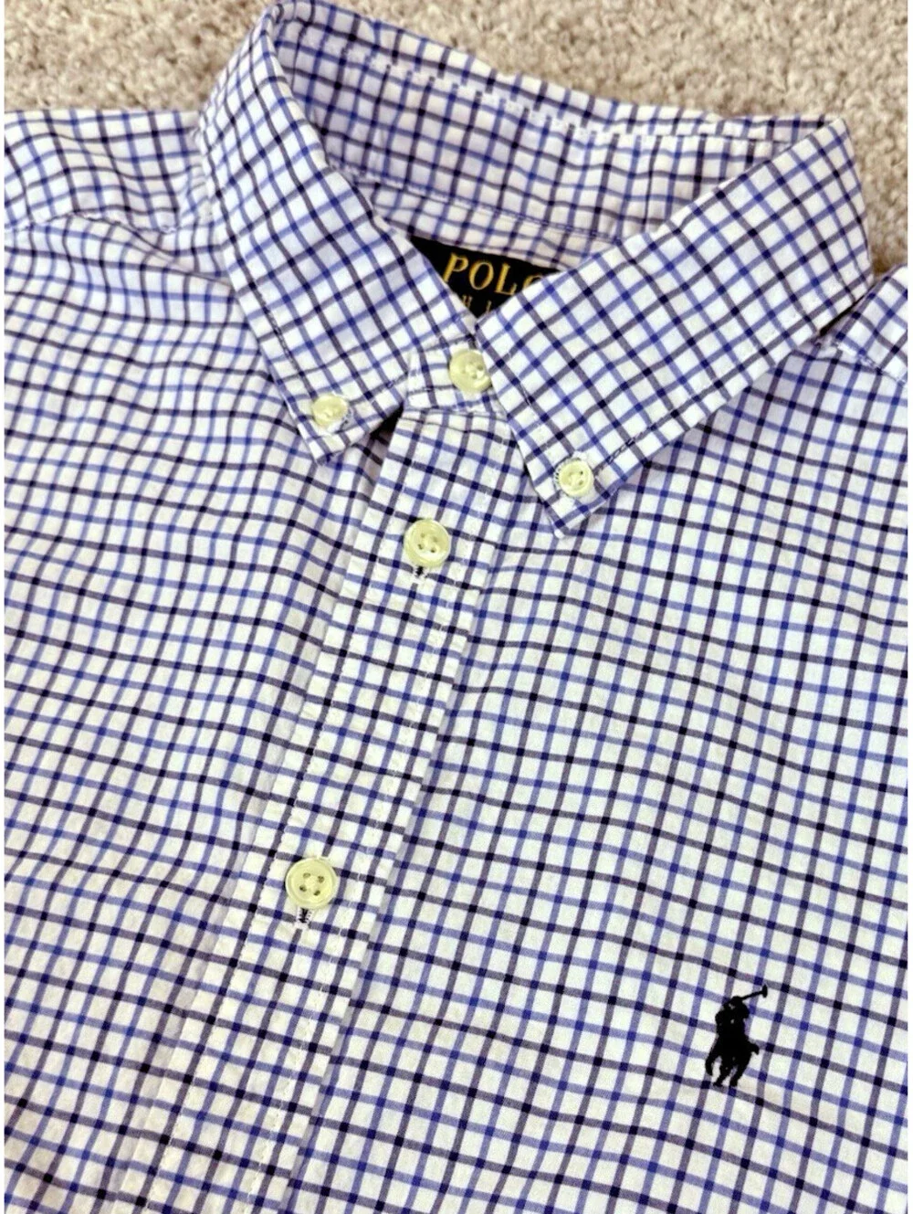 Polo Ralph Lauren Shirt Youth Large Blue Gingham Poplin Check Casual Nat Stretch
